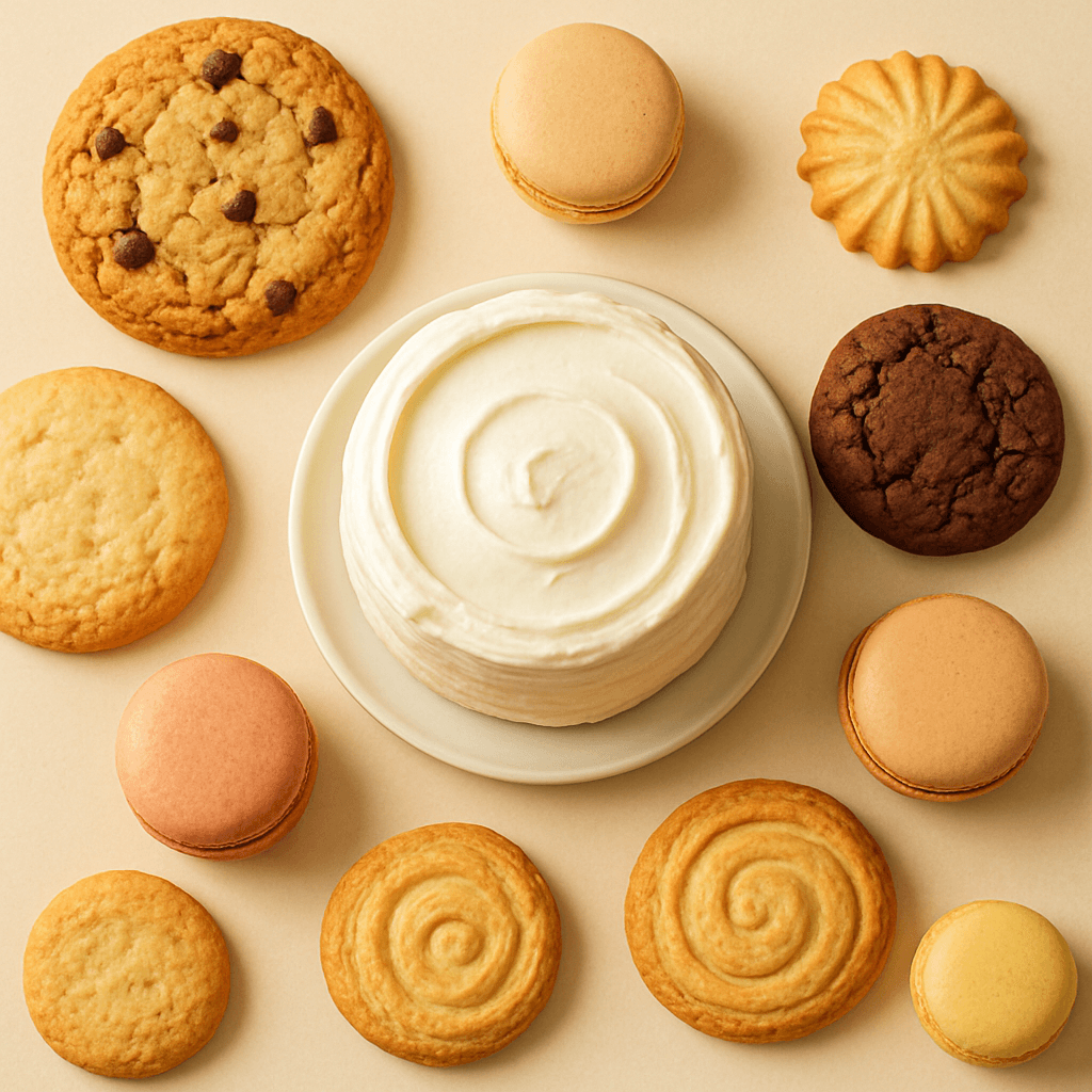 An overhead spread of assorted cookies, macarons and a frosted cake